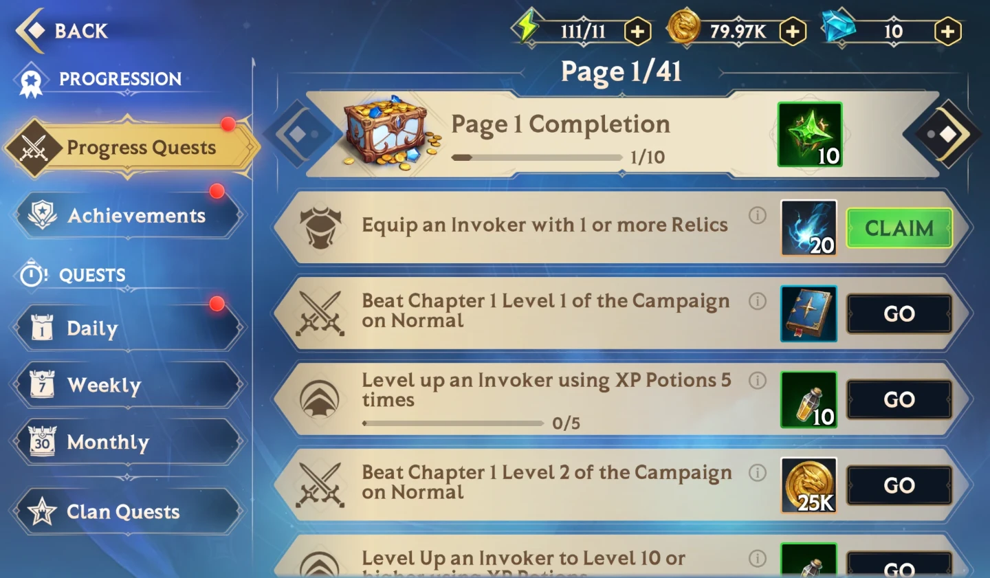 How to Progress and Earn Free Rewards – Progress Quests, Page 1 with the page completion reward