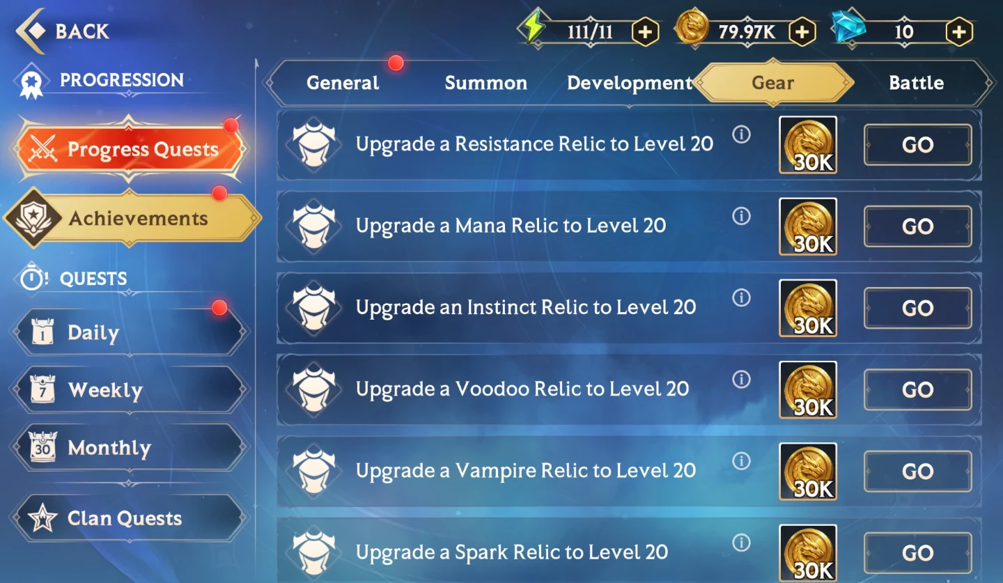 How to Progress and Earn Free Rewards – Achievements, Gear tab