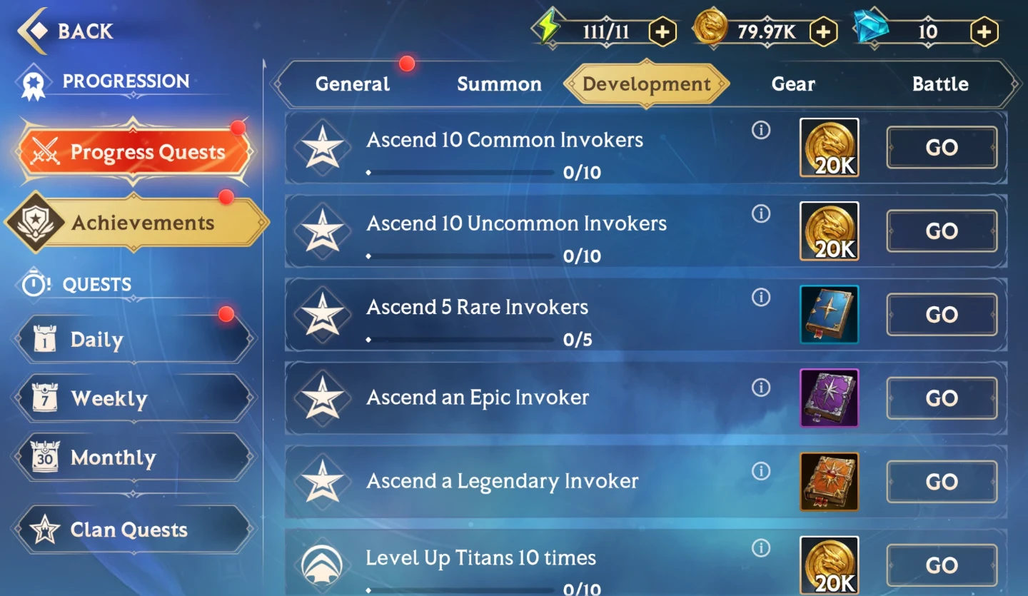 How to Progress and Earn Free Rewards – Achievements, Development tab