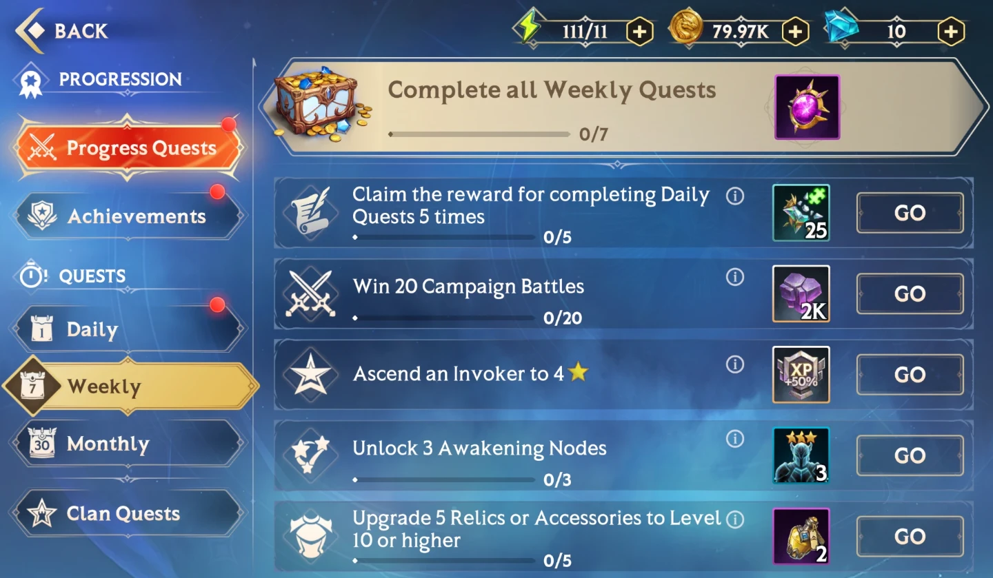 How to Progress and Earn Free Rewards – Weekly Quests tab