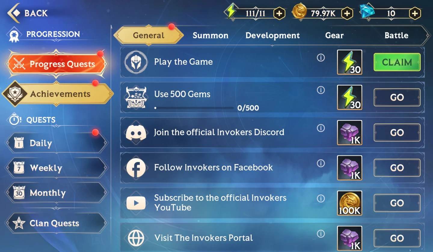 How to Progress and Earn Free Rewards – Achievements, General tab