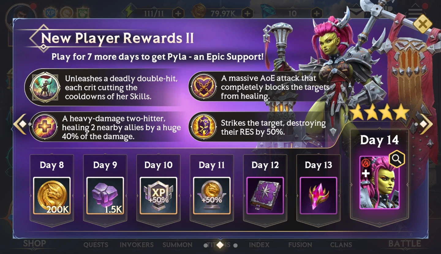 Free Stars and Orbs – New Player Rewards II, Days 8–14 with Pyla on Day 14