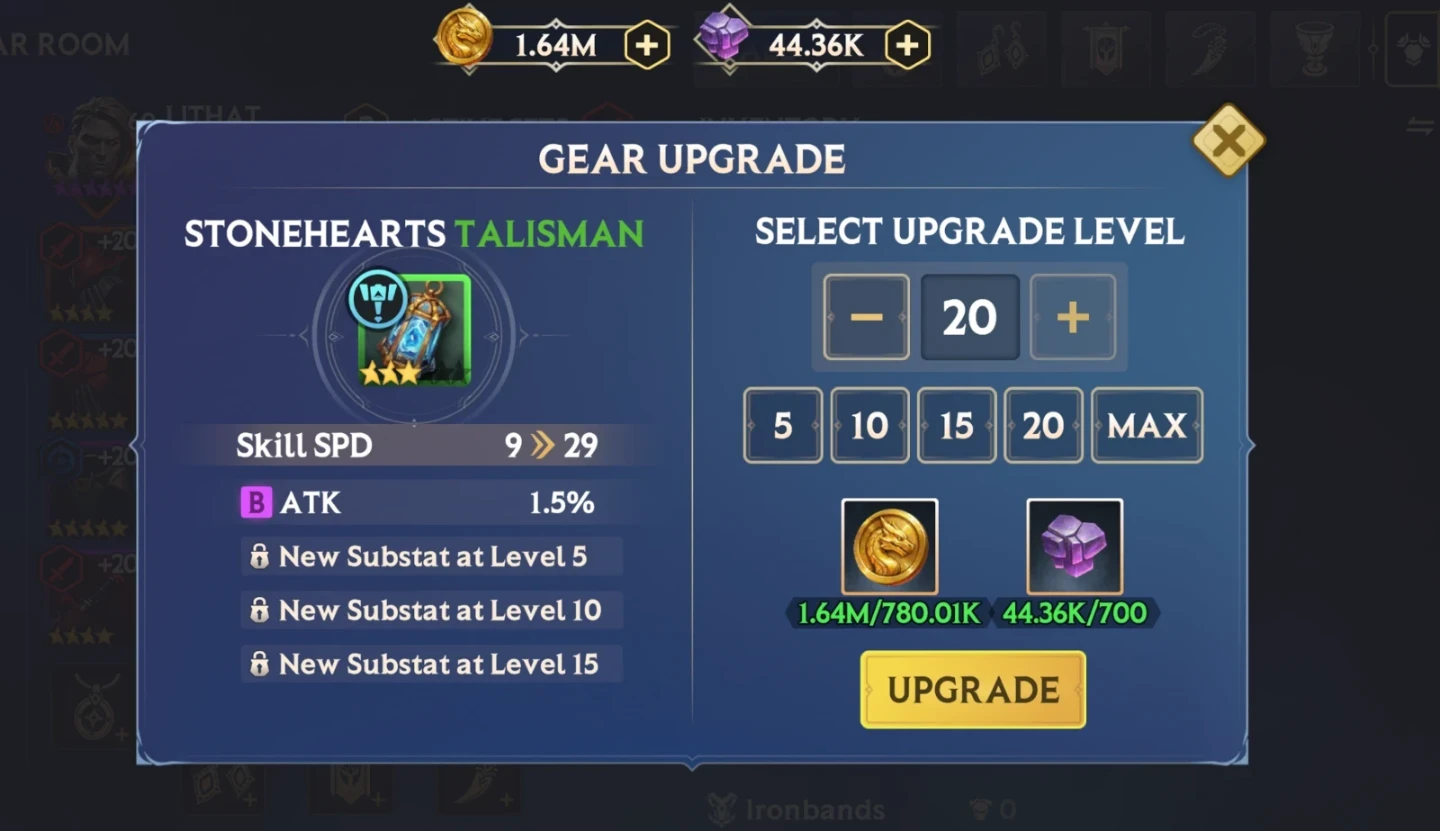 Accessories – Gear Upgrade for a Stonehearts Talisman, with new Sub Stats unlocking at Levels 5, 10 and 15