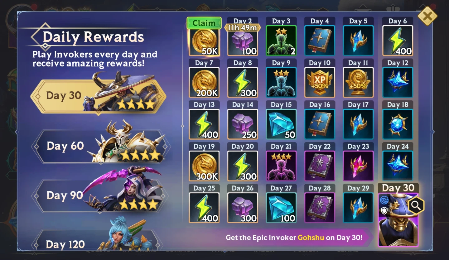 Free Stars and Orbs – Daily Rewards, Days 1–30 with Gohshu on Day 30