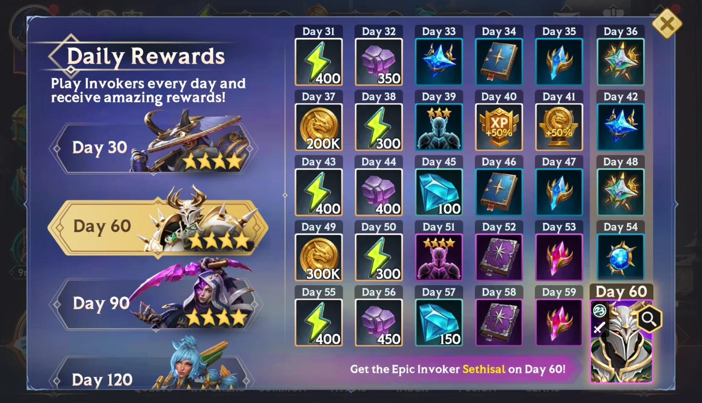 Free Stars and Orbs – Daily Rewards, Days 31–60 with Sethisal on Day 60