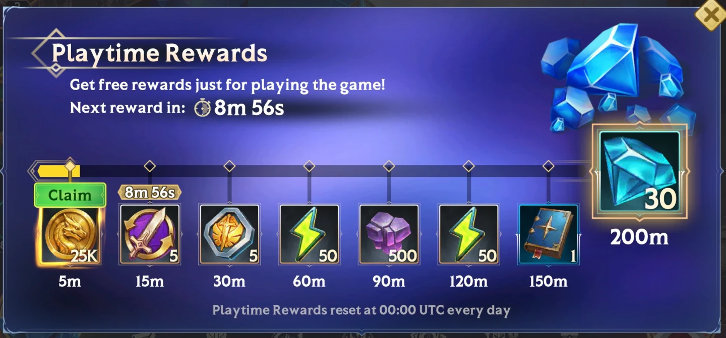 Free Stars and Orbs – Playtime Rewards milestones from 5 to 200 minutes