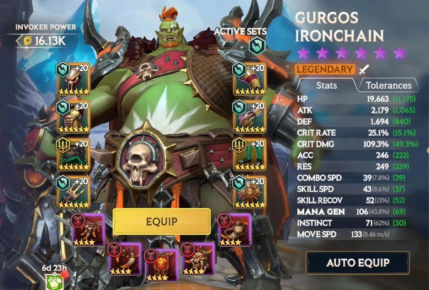 Accessories – Gurgos Ironchain with 8 Relics at +20 and all 5 Accessory slots filled below them