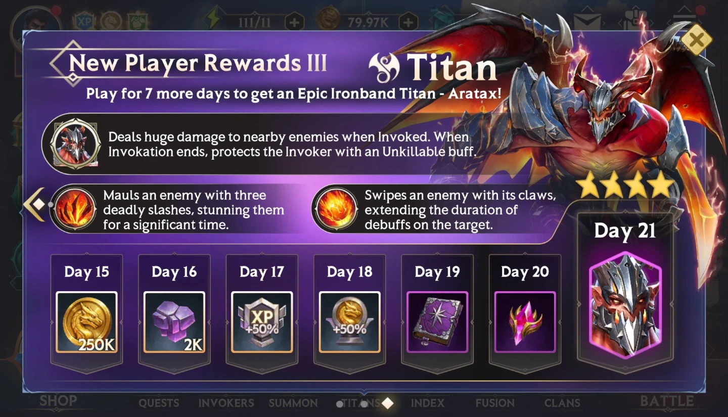 Free Stars and Orbs – New Player Rewards III, Days 15–21 with Aratax on Day 21