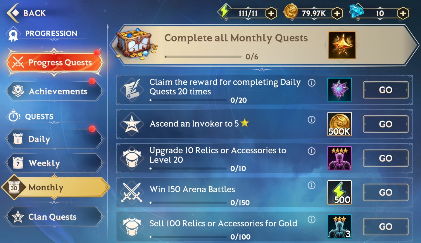 How to Progress and Earn Free Rewards – Monthly Quests tab