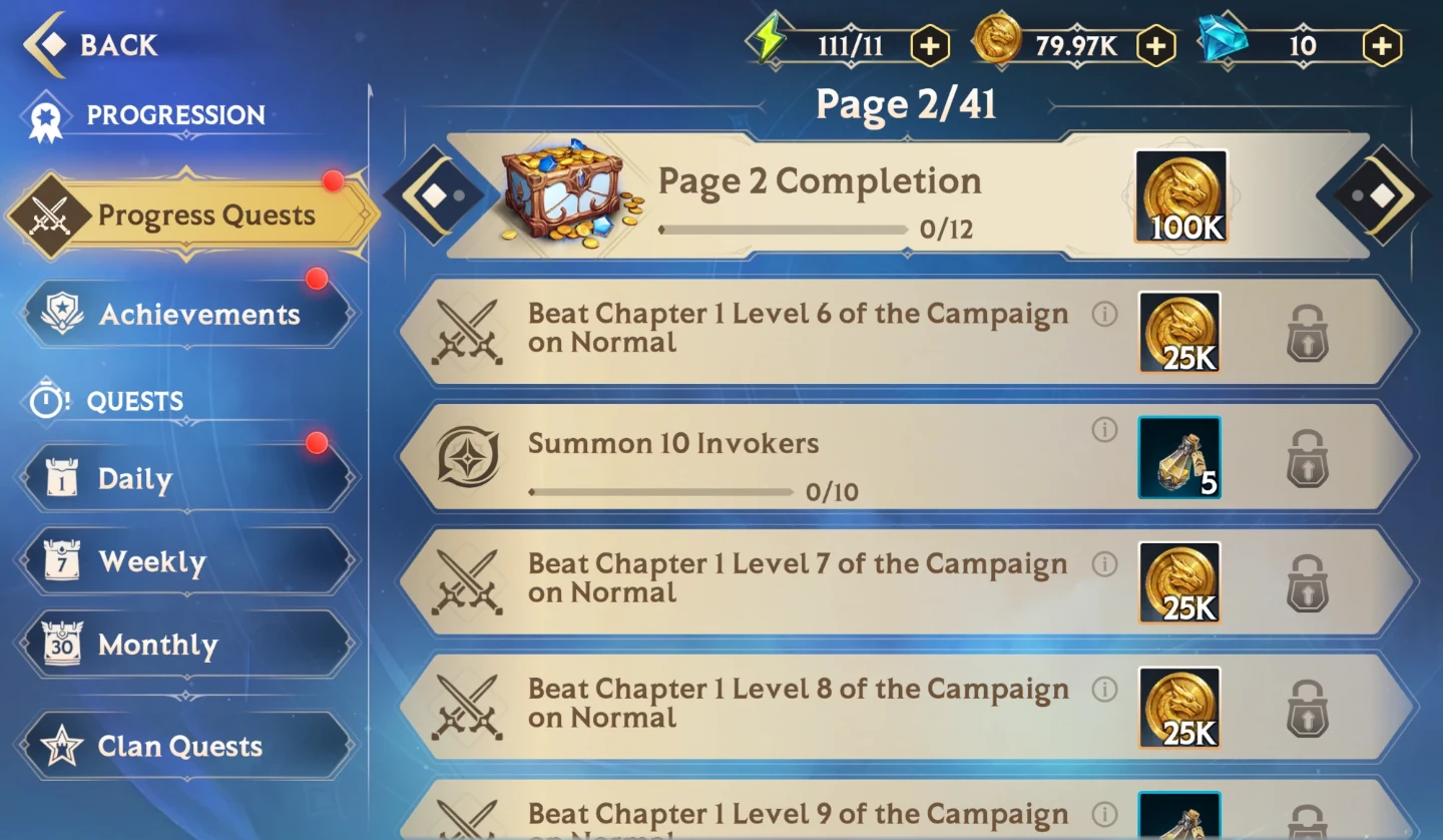 How to Progress and Earn Free Rewards – Progress Quests, Page 2 with locked quests