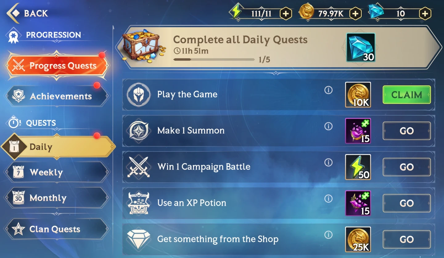 How to Progress and Earn Free Rewards – Daily Quests tab