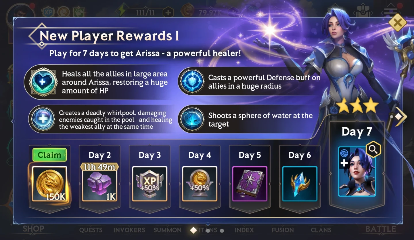 Free Stars and Orbs – New Player Rewards I, Days 1–7 with Arissa on Day 7