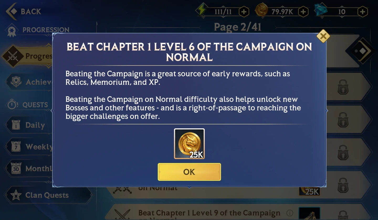How to Progress and Earn Free Rewards – Progress Quests, quest details popup