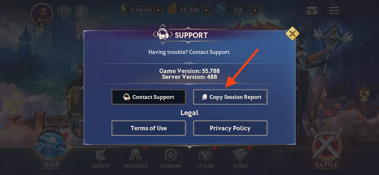 How do I find my Session Report in Invokers: Titan Legacy?